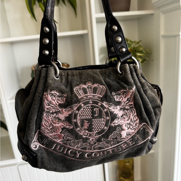 Juicy Couture Handbags - Juicy Couture Vintage Velour Satchel – Y2K Era Grey | Pink Embroidery